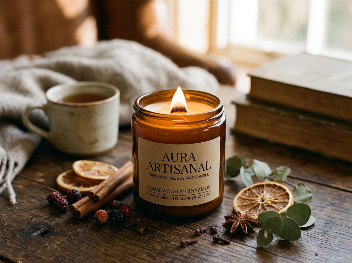 Vela artesanal en frasco de vidrio ámbar con pabilo de madera